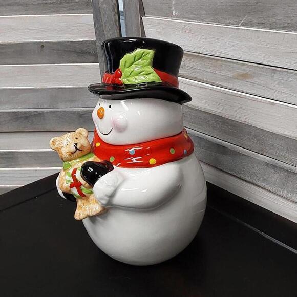 Cookie Jar Snowman & Teddy Bear Christmas Holiday 9" Tall | Sleigh Bell Bistro - Picture 3 of 10